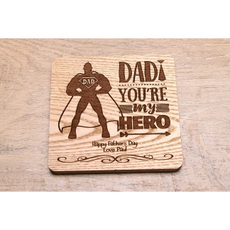 Bamboo Coaster, 'Dad, you're my hero' Design...Perfect gift for Dad on Fathers Day