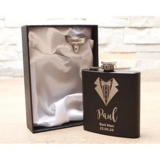Personalised Engraved Custom 6oz Black Stainless Steel Hip Flask, Personalised Groomsmen Flask, Wedding, Birthday Gift for Men + Gift Box