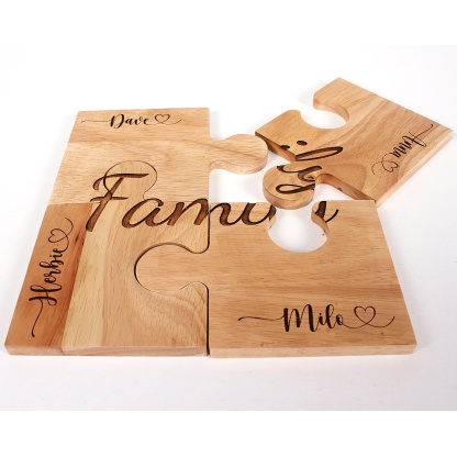 Personalised Family Jigsaw Coaster Set, Engraved Wooden Coaster, Gift For family, New Home Gift, Set Of 4
