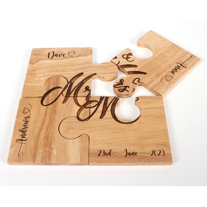 Personalised Mr & Mrs Jigsaw Coaster Set, Engraved Wooden Coaster, Gift For Wedding Couple, New Home Gift, Set Of 4