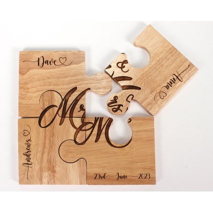 Personalised Mr & Mrs Jigsaw Coaster Set, Engraved Wooden Coaster, Gift For Wedding Couple, New Home Gift, Set Of 4
