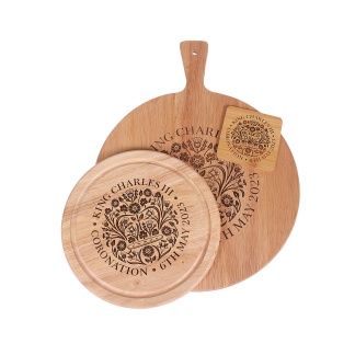 King Charles coronation pizza board, chopping board and coasters, available in sets or individually