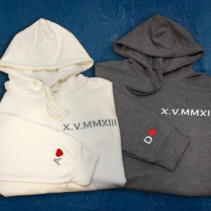 Roman Numerals Embroidered Matching Hoodie, Personalised Date and Initial Hoodie, Custom Initials With Heart on Sleeve, Valentines Gift