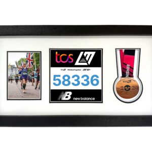 Marathon Medal Display Frame. Modern and Crisp framing in various colours. Frame for Medal, Race bib, and 5x7" Photograph