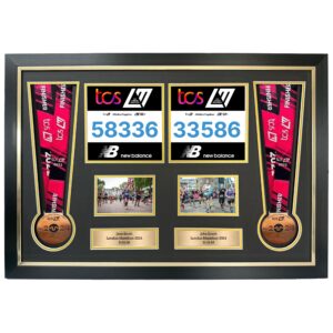 Personalised Double Medal Frame. Perfect way to show off 2 Medals, 2 Race Bibs, 2 Landscape Photos & Text Boxes. London Marathon 2025/24