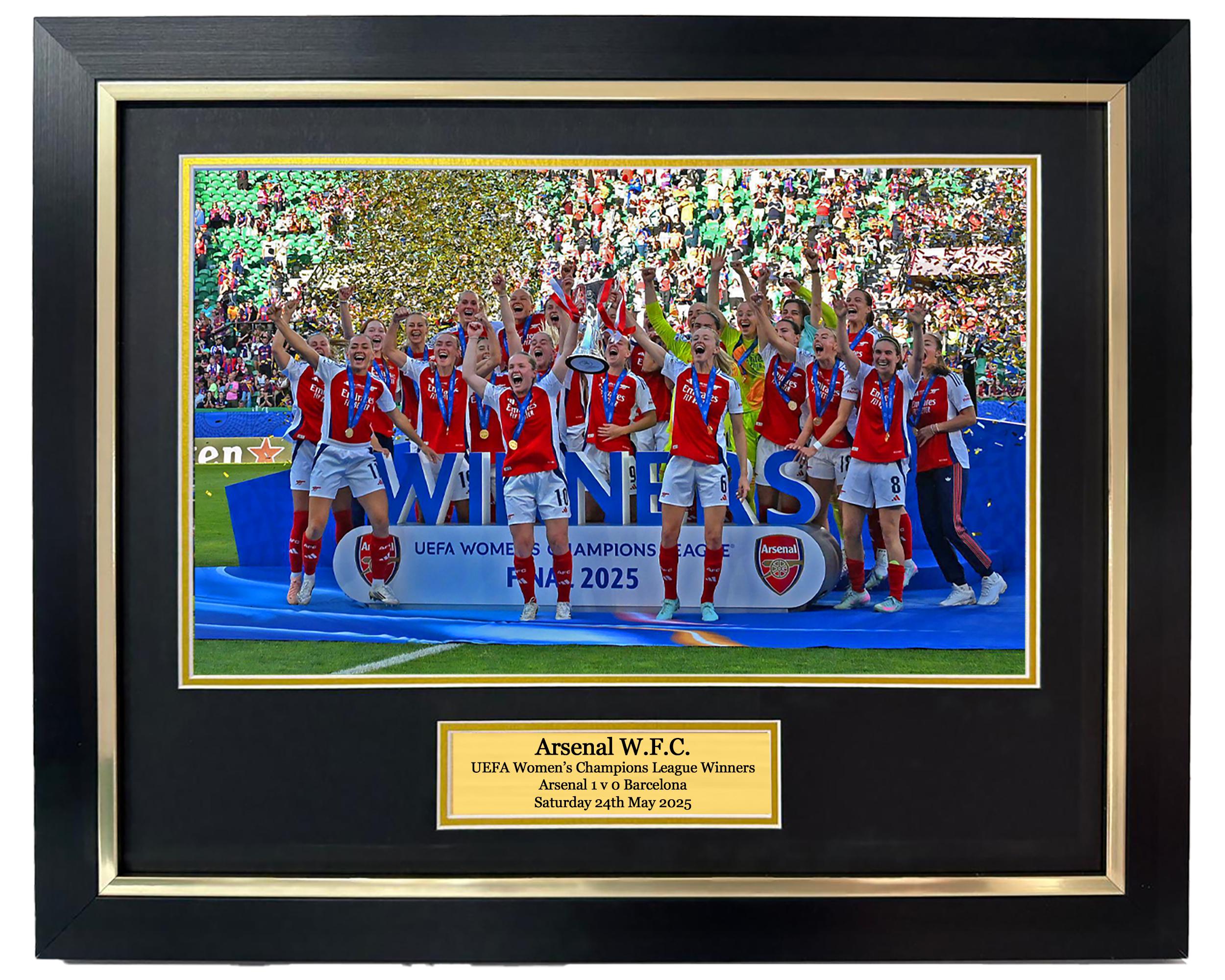 Arsenal Women's Champion League Winners Trophy Lift Framed photo - 20x16" framed photo