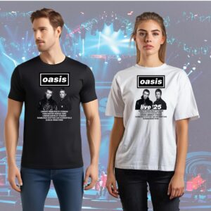 Oasis Live 25 tour t-shirts front and back printed, available in black and white, adult SML to XXL