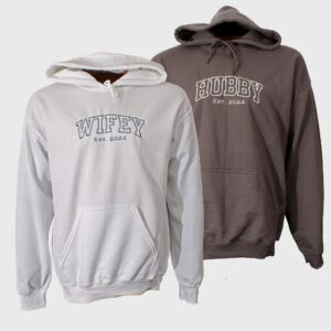 Custom wifey hubby embroidered matching hoodies, wedding breakfast outfit, honeymoon hoodie, anniversary gift, couple wedding sweatshirt