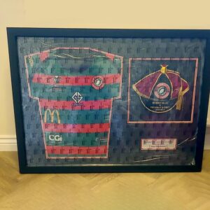 Shirt, Honours cap, and plaque frame - Black and red mount, Plain Black frame