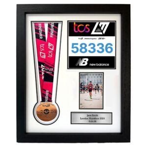 Personalized Marathon Medal Display Frame: Race Bib & Photo - Upright image