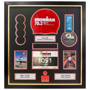 Triathlon Medal Display Frame 65x59.5cm | Fits Swim Cap, Running Bib, Bands, Timing chip, Medal, Photos and textboxes | Triathlete Gift 2025
