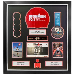 Triathlon Medal Display Frame 65x59.5cm | Fits Swim Cap, Running Bib, Bands, Timing chip, Medal, Photos and textboxes | Triathlete Gift 2025